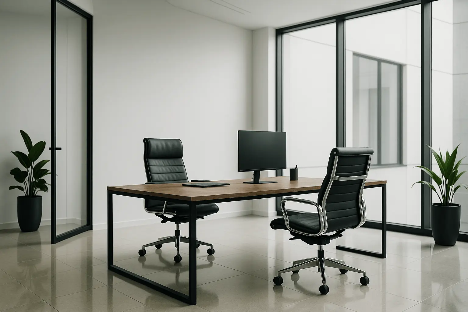 Modern office workspace with desk and ergonomic office chairs