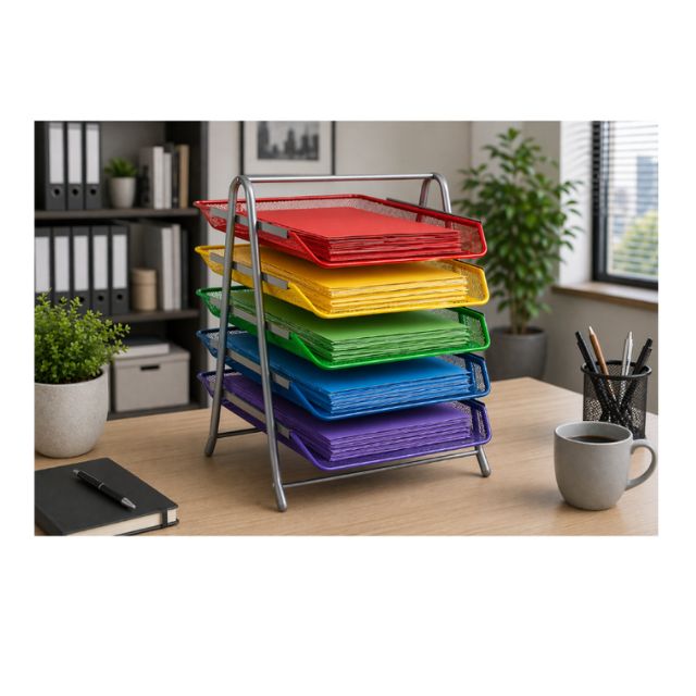 5-tier multicolor metal mesh file organizer for office documents and folders
